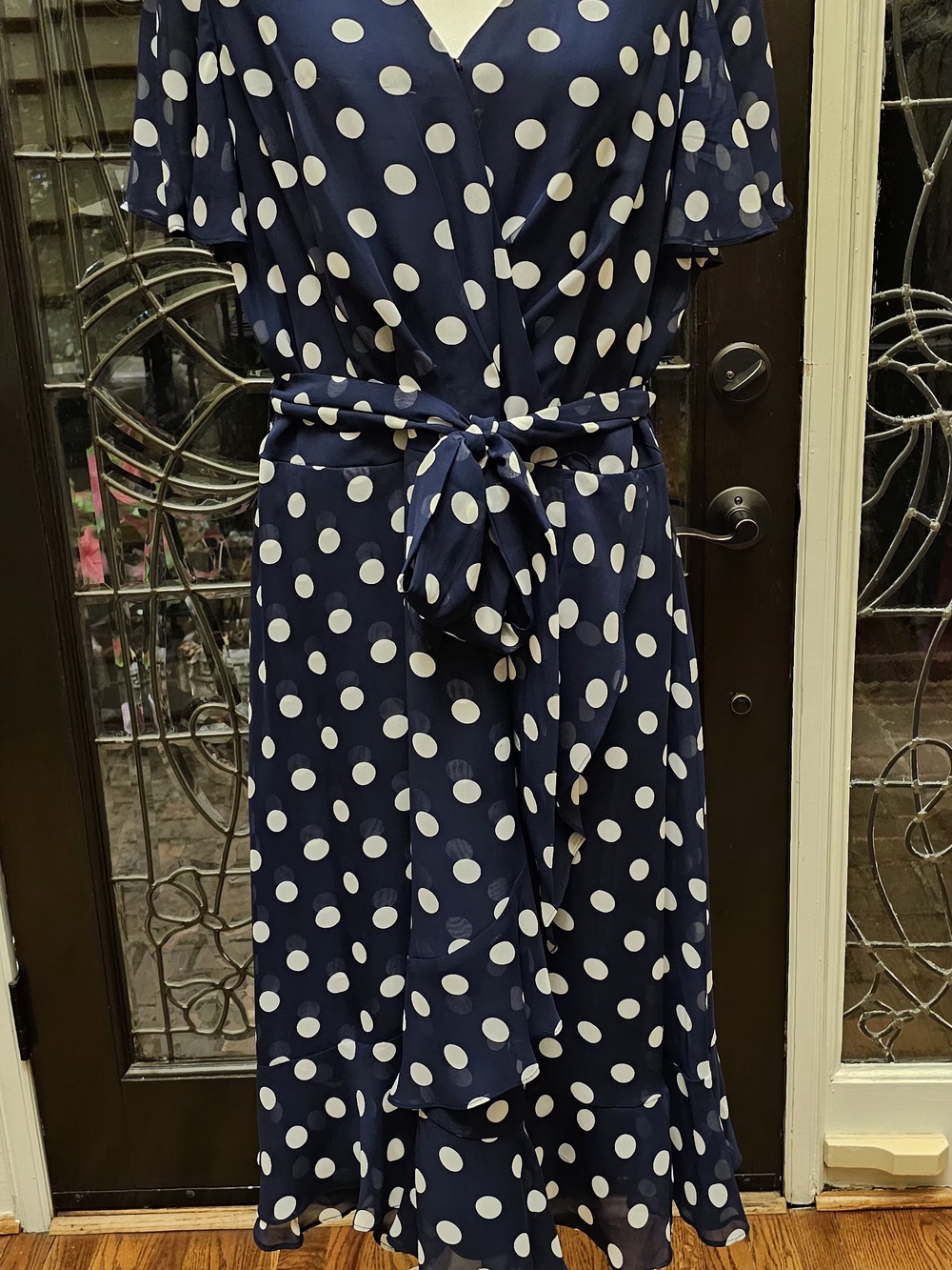 Jessica Howard Navy and White Polka Dot Midi Wrap Dress